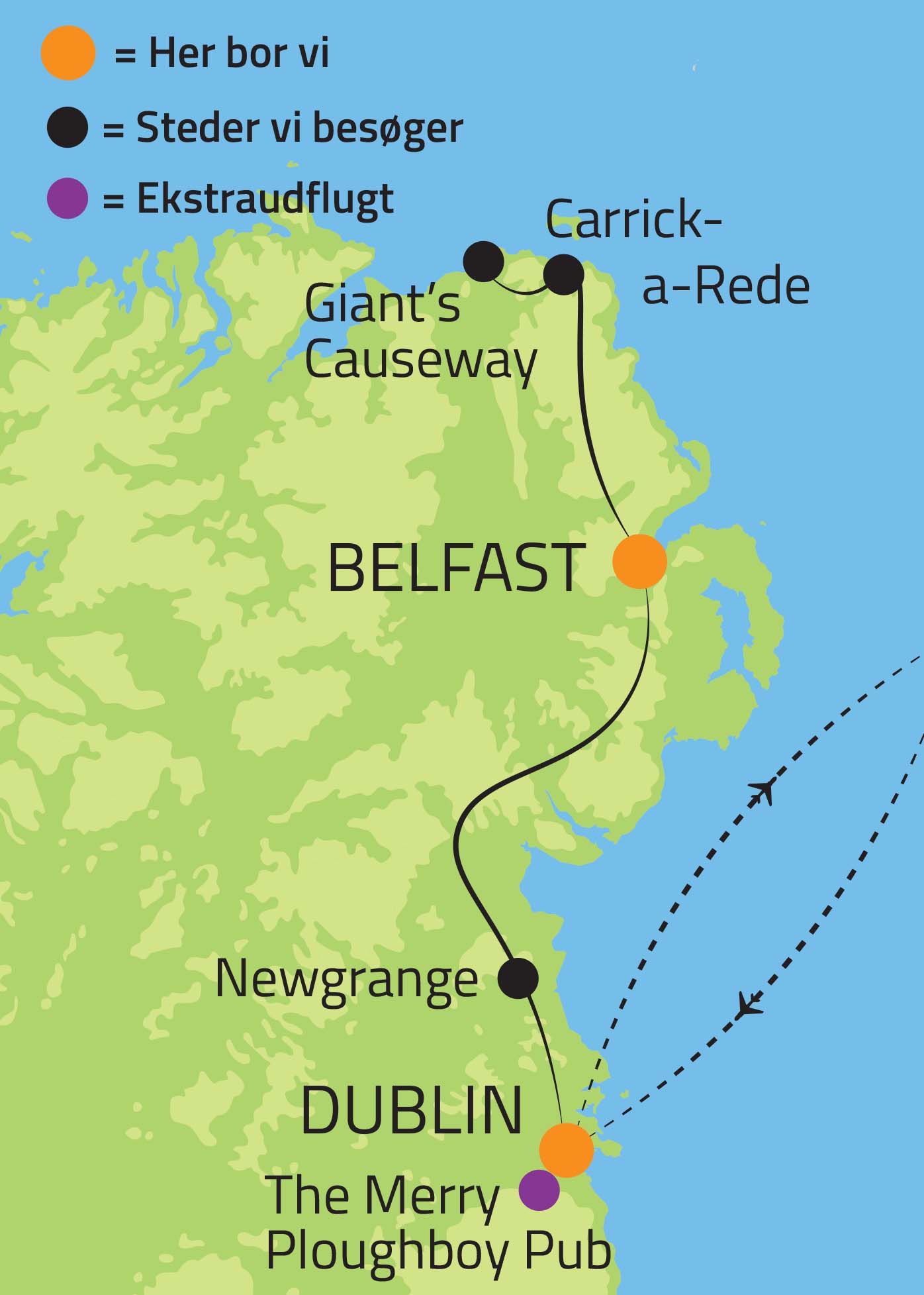 Kort over storbyrejsen til Dublin og Belfast i Irland